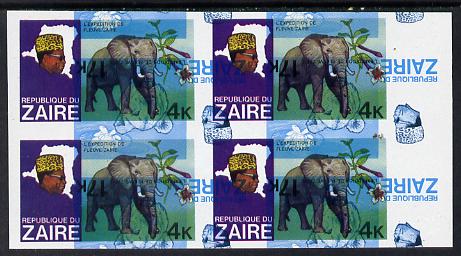 Zaire 1979 River Expedition 4k (Elephant) superb imperf proof block of 4 superimposed with 17k value (Leopard & Water Lily) inverted in blue & black only (SG 954 & 957) unmounted mint, stamps on , stamps on  stamps on animals, stamps on  stamps on cats, stamps on  stamps on flowers, stamps on  stamps on elephant