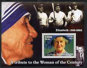 Somaliland 2002 A Tribute to the Woman of the Century #02 - The Queen Mother perf m/sheet also showing Mother Teresa, Walt Disney & Babe Ruth, unmounted mint, stamps on royalty, stamps on baseball, stamps on teresa, stamps on nobel, stamps on queen mother, stamps on women, stamps on films, stamps on cinema, stamps on disney, stamps on personalities