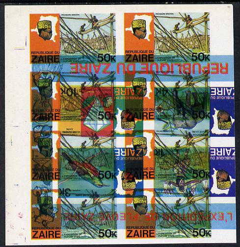 Zaire 1979 River Expedition 50k Fishermen imperf proof block of 8 superimposed with m/sheet inverted (1k Dancer, 3k Sun Bird, 4k Elephant & 10k Diamond, Cotton & Tobacco)..., stamps on animals  birds  dancing  fish  marine-life  food  maps   minerals  textiles    elephant     tobacco