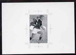 Tonga 1995 Rugby World Cup Championship 80s (Three Players with Ball) B&W photographic proof, scarce thus, as SG MS 1296a, stamps on sport, stamps on rugby