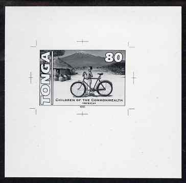 Tonga 1994 African Boy with Bicycle 80s (from 25th Anniversary set) B&W photographic proof, scarce thus, as SG 1293, stamps on bicycles, stamps on children