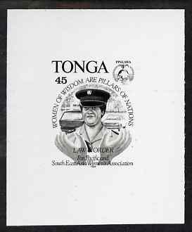 Tonga 1994 Policewoman 45s (from Womens Association set) B&W photographic proof, scarce thus, as SG 1275, stamps on women, stamps on police