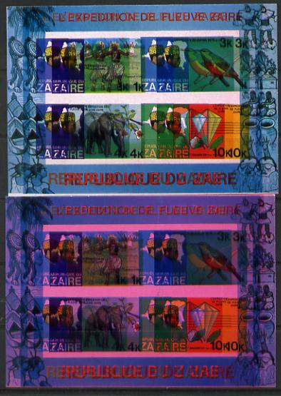Zaire 1979 River Expedition imperf m/sheet #1 proof with entire design doubled (extra impression 5mm away) plus fine overall wash of red (1k Dancer, 3k Sun Bird, 4k Elephant & 10k Diamond, Cotton & Tobacco) unmounted mint, stamps on , stamps on  stamps on animals, stamps on  stamps on birds, stamps on  stamps on dancing, stamps on  stamps on maps, stamps on  stamps on minerals, stamps on  stamps on textiles, stamps on  stamps on elephants, stamps on  stamps on tobacco