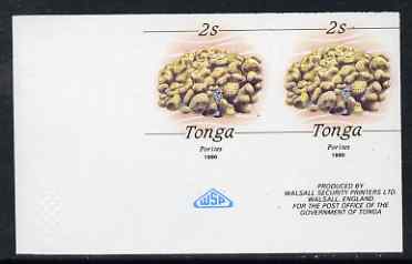 Tonga 1990-92 Porites Coral 2s (from reduced-size Marine Life set) imperf proof pair, rare thus, as SG1087 (1990 imprint date), stamps on , stamps on  stamps on marine life, stamps on  stamps on coral