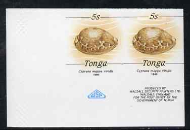 Tonga 1990-92 Green Map Cowrie Shell 5s (from reduced-size Marine Life set) imperf proof pair, rare thus, as SG1089 (1990 imprint date), stamps on marine life, stamps on shells