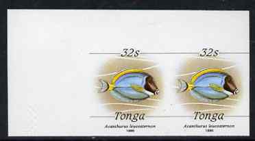 Tonga 1990-92 Powder-blue Surgeonfish 32s (from reduced-size Marine Life set) imperf proof pair, rare thus, as SG1095 (1990 imprint date), stamps on marine life, stamps on fish