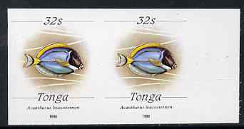 Tonga 1988-92 Powder-blue Surgeonfish 32s (from redrawn Marine Life def set) imperf proof pair, rare thus, as SG 1008 (1990 imprint date), stamps on marine life, stamps on fish