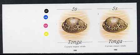 Tonga 1988-92 Green Map Cowrie Shell 5s (from redrawn Marine Life def set) imperf proof pair, rare thus, as SG 1002 (1990 imprint date), stamps on , stamps on  stamps on marine life, stamps on  stamps on shells