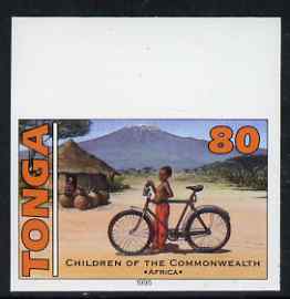 Tonga 1994 African Boy with Bicycle 80s (from 25th Anniversary set) imperf proof unmounted mint, as SG 1293, stamps on , stamps on  stamps on bicycles, stamps on  stamps on children