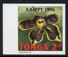 Tonga 1995 Orchid - Dendrobium toki 2p Christmas (insc A Happy 1996) imperf marginal plate proof as SG 1335, stamps on christmas, stamps on orchids, stamps on flowers