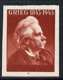 Norway 1943 Grieg imperf proof in red, value & Country omitted, slight wrinkle otherwise fine unmounted mint