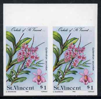 St Vincent 1985 Orchids $1 imperf pair unmounted mint, as SG 852, stamps on flowers, stamps on orchids
