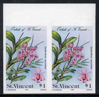 St Vincent 1985 Orchids $1 imperf pair unmounted mint, as SG 852, stamps on , stamps on  stamps on flowers, stamps on  stamps on orchids