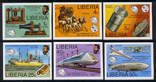 Liberia 1976 Telephone Centenary imperf set of 6 vals unmounted mint, stamps on , stamps on  stamps on communications, stamps on  stamps on science, stamps on  stamps on concorde, stamps on  stamps on telephones, stamps on  stamps on transport, stamps on  stamps on upu, stamps on  stamps on airships, stamps on  stamps on zeppelins, stamps on  stamps on railways, stamps on  stamps on ships, stamps on  stamps on horses, stamps on  stamps on coaches, stamps on  stamps on cable, stamps on  stamps on  upu , stamps on  stamps on , stamps on  stamps on scots, stamps on  stamps on scotland