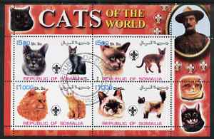 Somalia 2002 Domestic Cats of the World perf sheetlet #05 containing 4 values each with Scout Logo, fine cto used , stamps on , stamps on  stamps on cats, stamps on  stamps on scouts