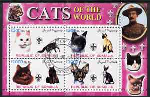 Somalia 2002 Domestic Cats of the World perf sheetlet #06 containing 4 values each with Scout Logo, fine cto used , stamps on , stamps on  stamps on cats, stamps on  stamps on scouts
