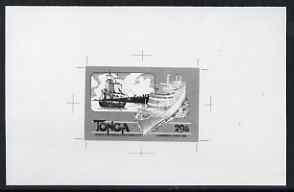 Tonga 1983 Sea & Air Transport 29s (HMS Resolution & HMS Canberra) B&W photographic proof (as SG 835), stamps on ships, stamps on cook, stamps on explorers
