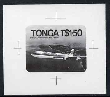 Tonga 1983 Boeing 707 1p50 (from Niuafo'ou Airport set) B&W photographic proof, as SG 843-46, stamps on , stamps on  stamps on aviation, stamps on  stamps on self adhesive, stamps on  stamps on boeing, stamps on  stamps on 707, stamps on  stamps on airports