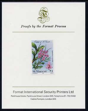 St Vincent 1985 Orchids $1 imperf proof mounted on Format International proof card, stamps on , stamps on  stamps on flowers, stamps on  stamps on orchids