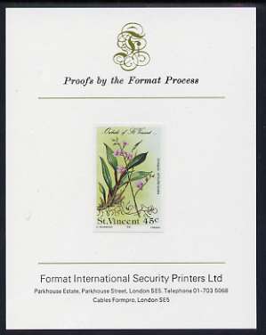 St Vincent 1985 Orchids 45c imperf proof mounted on Format International proof card, stamps on flowers, stamps on orchids