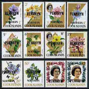 Cook Islands - Penrhyn 1973 flowers def set to $2 (with flourescent security markings) unmounted mint, SG 41B-52B, stamps on , stamps on  stamps on flowers, stamps on  stamps on hibiscus, stamps on  stamps on lily, stamps on  stamps on gardenia, stamps on  stamps on frangipani