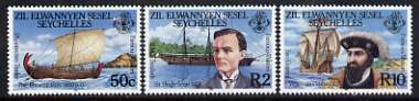 Zil Elwannyen Sesel 1985 Famous Visitors set of 3 unmounted mint, SG 125-27, stamps on , stamps on  stamps on ships, stamps on  stamps on personalities, stamps on  stamps on explorers, stamps on  stamps on scott, stamps on  stamps on vasco da gama