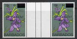 Barbados 1979 St Vincent Relief Fund opt in unmounted mint gutter pair, SG 621, stamps on flowers