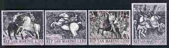 San Marino 1968 671st Birth Anniversary of Paolo Iccello (painter) set of 4 showing details of The Battle of San Rmano, unmounted mint, SG 849-52, stamps on , stamps on  stamps on horses, stamps on  stamps on battles, stamps on  stamps on arts