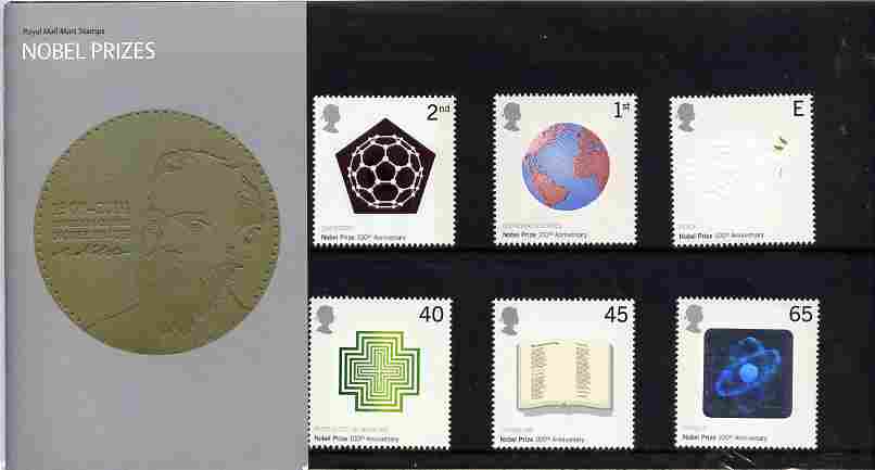 Great Britain 2001 Nobel Prize 100th Anniversary set of 6 in official presentation pack SG  SG 2232-37, stamps on nobel, stamps on medical, stamps on literature, stamps on peace, stamps on chemistry, stamps on dcience, stamps on physics, stamps on holograms, stamps on atomics, stamps on 