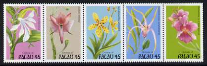 Palau 1990 'Expo 90' International Garden & Greenery Exposition se-tenant strip of 5 orchids, unmounted mint, SG 346a, stamps on , stamps on  stamps on flowers, stamps on  stamps on orchids