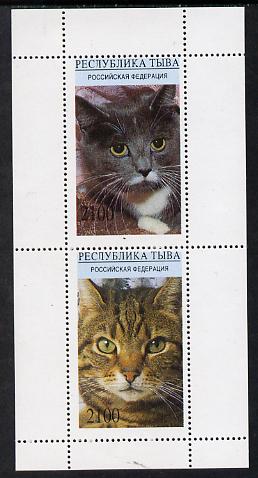 Touva 1995 (April) Domestic Cats perf souvenir sheet containing 2 values unmounted mint, stamps on , stamps on  stamps on animals  cats