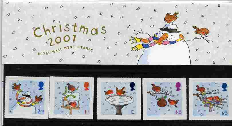 Great Britain 2001 Christmas self-adhesive set of 5 in official presentation pack SG 2238-42, stamps on christmas, stamps on robin, stamps on self adhesive