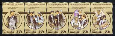 Australia 1983 Folklore 'The Sentimental Bloke' (humurous poem by C J Dennis) se-tenant strip of 5 unmounted mint, SG 890a, stamps on , stamps on  stamps on literature, stamps on  stamps on folklore, stamps on  stamps on alcohol, stamps on  stamps on comedy