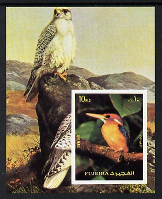 Fujeira 1972 Tropical Birds imperf m/sheet Falcon & Kingfisher unmounted mint (Mi BL 138B) , stamps on , stamps on  stamps on birds     birds of prey    kingfisher    falcon