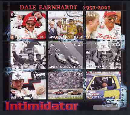 Abkhazia 2001 Dale Earnhardt perf sheetlet containing set of 9 values unmounted mint, stamps on , stamps on  stamps on racing cars, stamps on  stamps on cars