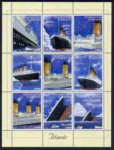 Tadjikistan 1999 The Titanic perf sheetlet containing set of 9 values unmounted mint, stamps on , stamps on  stamps on ships, stamps on  stamps on titanic, stamps on  stamps on disasters