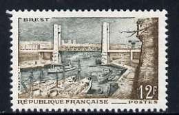 France 1957 12f Port of Brest unmounted mint, SG 1344, stamps on ports, stamps on ships, stamps on bridges