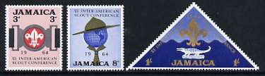 Jamaica 1964 6th Inter-American Scout Conference set of 3 unmounted mint, SG 233-35, stamps on scouts, stamps on triangulars, stamps on reptiles, stamps on crocodiles