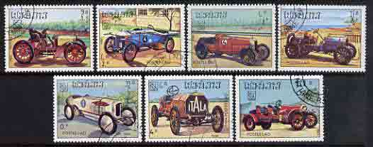 Laos 1984 UPU Congress (Cars) complete perf set of 7 fine ctro used, SG 748-54, stamps on cars, stamps on daimler, stamps on delage, stamps on fiat, stamps on bugatti, stamps on benz, stamps on upu