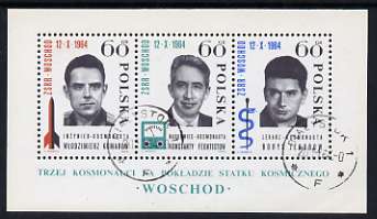 Poland 1964 Russian Three-Manned Space Flight m/sheet depicting crew fine used,  SG MS 1527a, stamps on space, stamps on communications, stamps on medical
