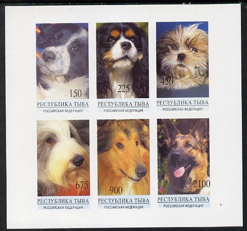 Touva 1995 Dogs imperf sheetlet containing complete set of 6 unmounted mint, stamps on , stamps on  stamps on animals  dogs   canimals, stamps on  stamps on dogs, stamps on  stamps on collie, stamps on  stamps on  gsd , stamps on  stamps on shihtzu, stamps on  stamps on king charles spaniel 