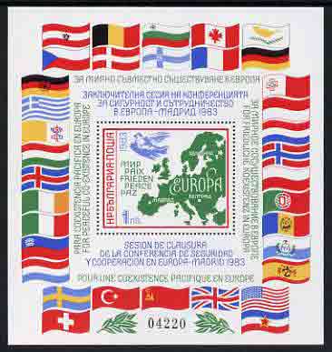Bulgaria 1983 European Security and Co-operation Conference Madrid perf m/sheet unmounted mint, Mi block 137A, stamps on maps, stamps on flags, stamps on peace