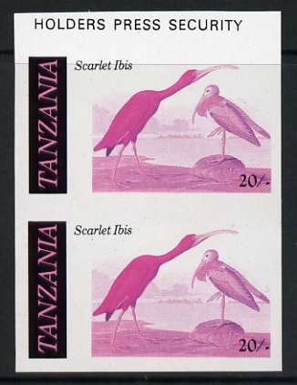Tanzania 1986 John Audubon 20s in unmounted mint imperf colour proof pair in magenta, blue & black (SG 466), stamps on birds, stamps on audubon, stamps on ibis