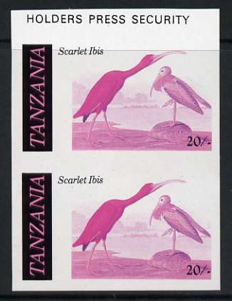 Tanzania 1986 John Audubon 20s in unmounted mint imperf colour proof pair in magenta, blue & black (SG 466), stamps on , stamps on  stamps on birds, stamps on  stamps on audubon, stamps on  stamps on ibis