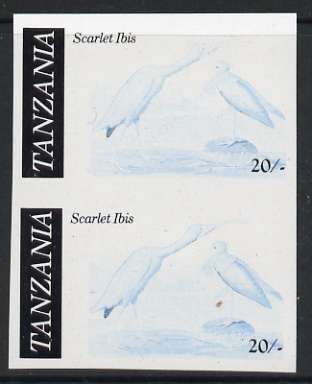 Tanzania 1986 John Audubon 20s in unmounted mint imperf colour proof pair in blue & black (SG 466), stamps on , stamps on  stamps on birds, stamps on  stamps on audubon, stamps on  stamps on ibis