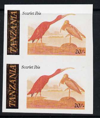 Tanzania 1986 John Audubon 20s in unmounted mint imperf colour proof pair in all 4 colours but blue virtually missing (SG 466), stamps on birds, stamps on audubon, stamps on ibis