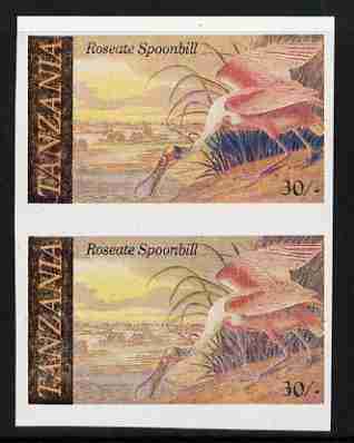 Tanzania 1986 John Audubon 30s in unmounted mint imperf colour proof pair in all 4 colours but blue virtually missing (SG 467), stamps on birds, stamps on audubon, stamps on spoonbill