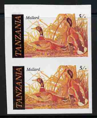 Tanzania 1986 John Audubon 5s in unmounted mint imperf colour proof pair in all 4 colours but blue virtually missing (SG 464), stamps on birds, stamps on audubon, stamps on mallard