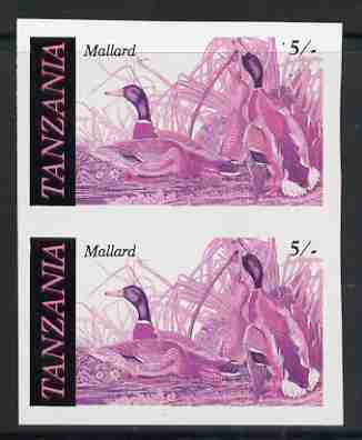 Tanzania 1986 John Audubon 5s in unmounted mint imperf colour proof pair in magenta, blue & black (SG 464), stamps on , stamps on  stamps on birds, stamps on  stamps on audubon, stamps on  stamps on mallard