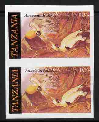 Tanzania 1986 John Audubon 10s in unmounted mint imperf colour proof pair in all 4 colours but blue virtually missing (SG 465), stamps on birds, stamps on audubon, stamps on american eider